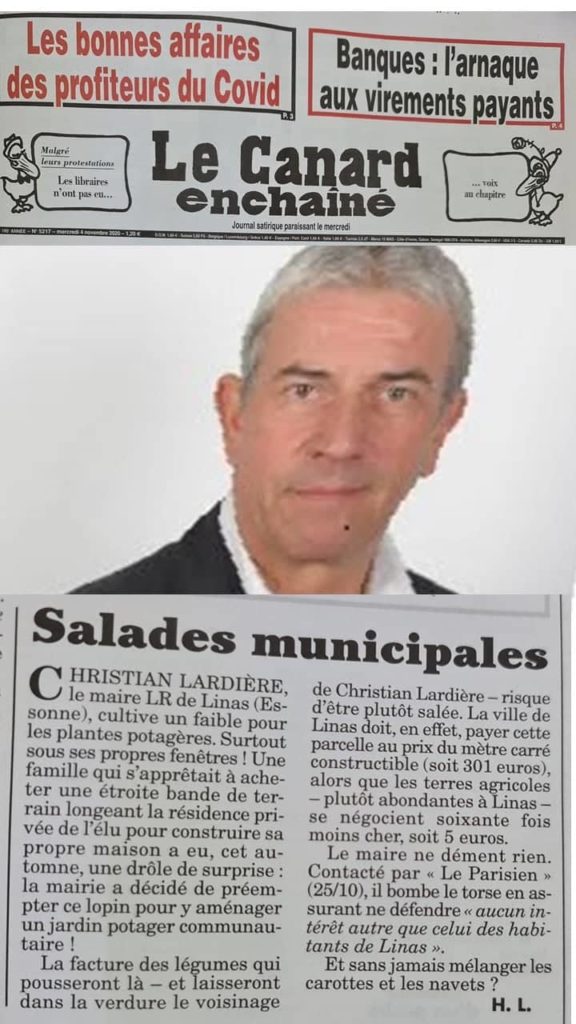 le canard enchainé dénonce le maire de lardière christian lardière et sa magouille de préemption d'un terrain jouxtant sa, maison