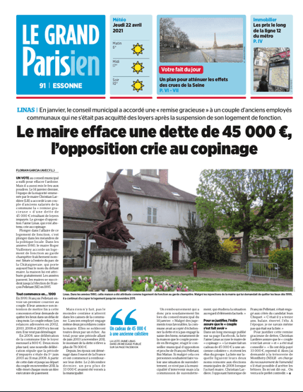 Cet article, publié par Le Parisien le 21 avril 2021 et rédigé par Florian Garcia, relate une controverse à Linas, en Essonne, où le maire Christian Lardière a effacé une dette de 45000 euros pour un couple d'anciens employés municipaux.